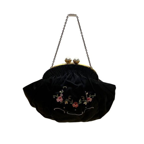 Hervé Paris Black Velvet Floral Embroidered Evening Bag With Pearl Clasp Size S - Picture 1 of 9